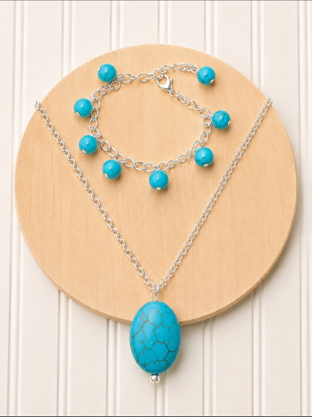 Turquoise Bead Pendant Necklace & Bracelet Set - Women Jewelry